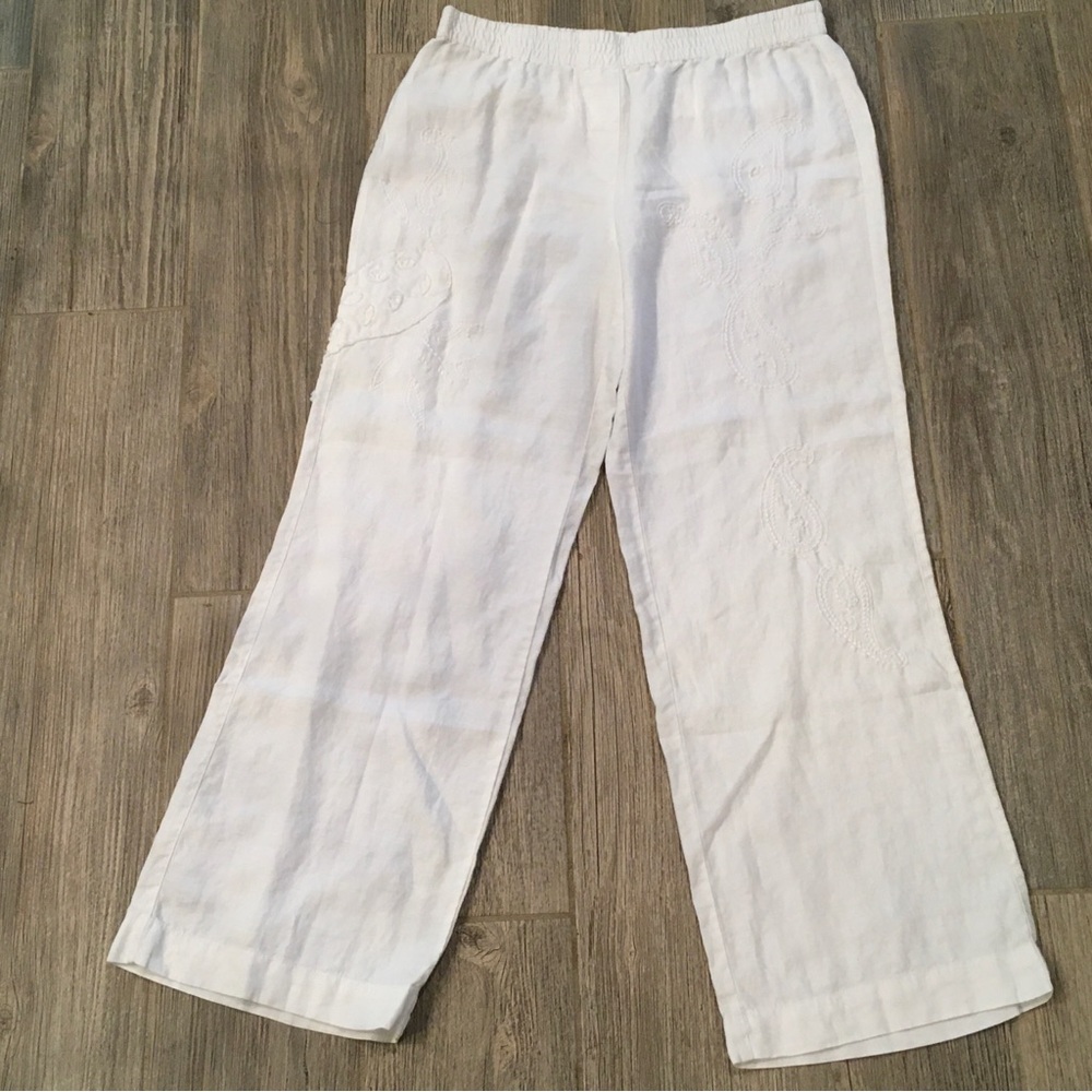 Chicos 100% Linen Pants Womens Size 1.5 Embroidery White Pull On Wide Leg